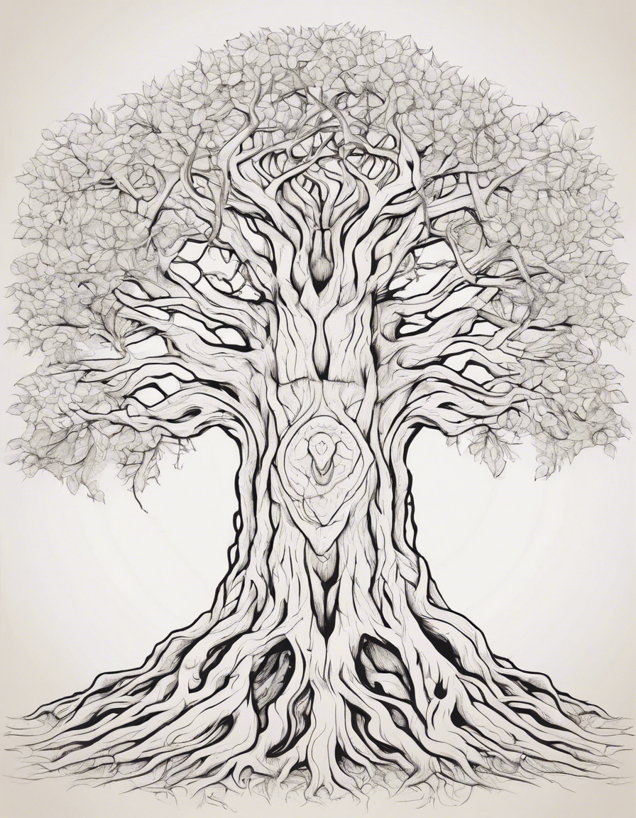 Wise Old Tree: A massive, ancient tree with gnarled branches and a knowing gaze, offering wisdom to those who approach coloring page