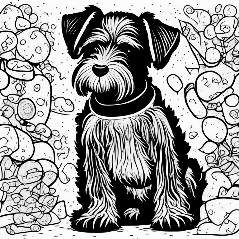 A schnauzer trying to find his lost shoes coloring page