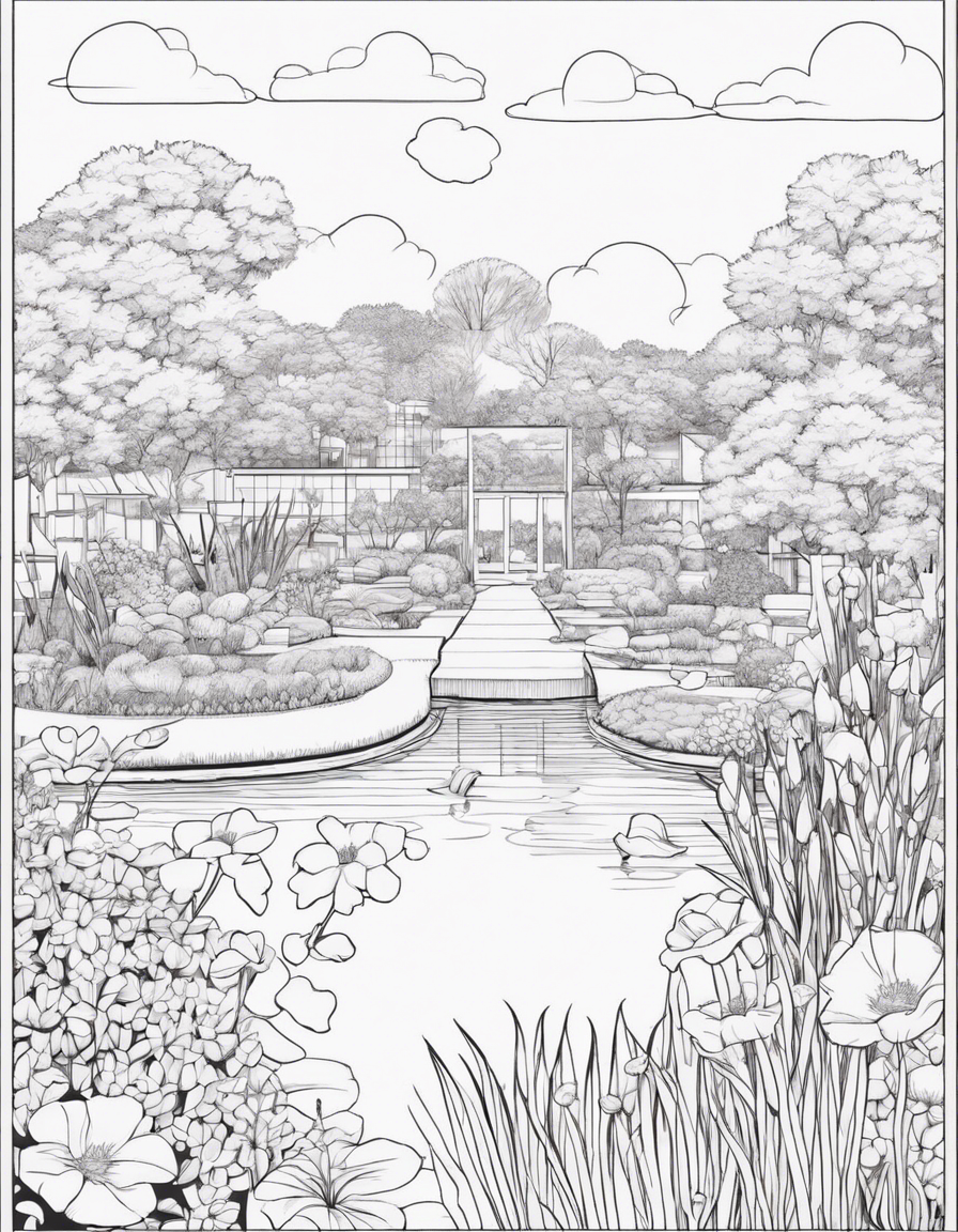 Flower garden surrounding pond coloring page