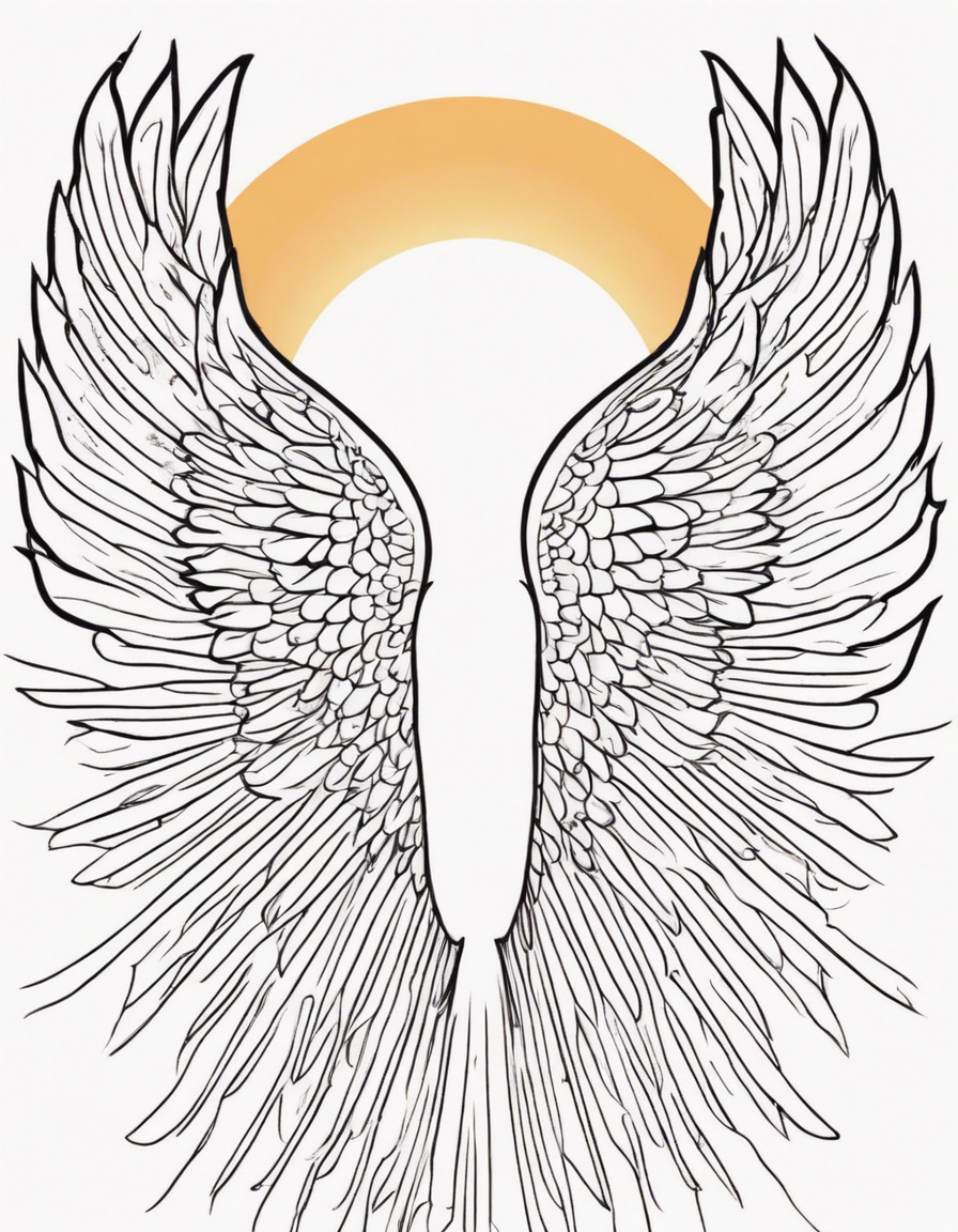 Sunrise Angel Wings: Angel wings outstretched against the backdrop of a sunrise, signifying protection, guidance, and hope. coloring page