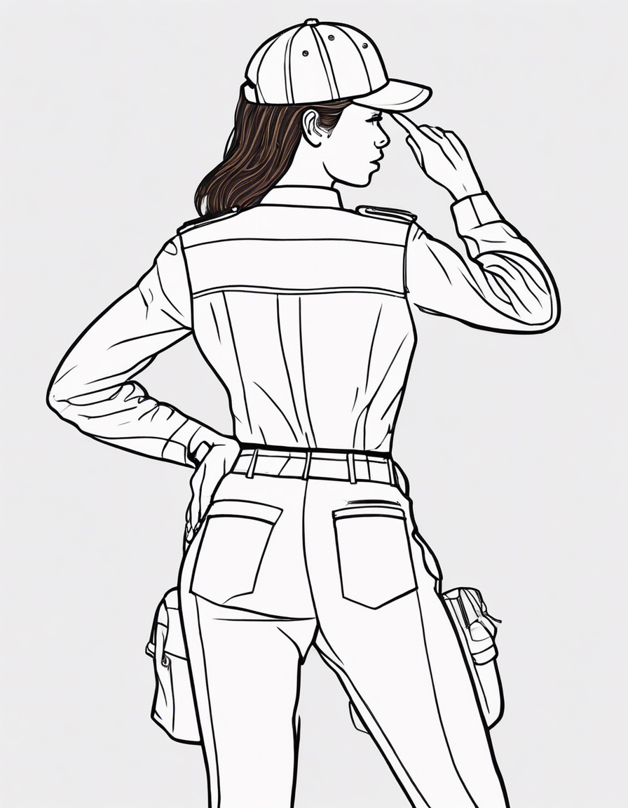 ull-body view of a woman from the back, dressed in cargo pants, a long sleeve uniform shirt, a duty belt, and a baseball cap, facing away and saluting coloring page