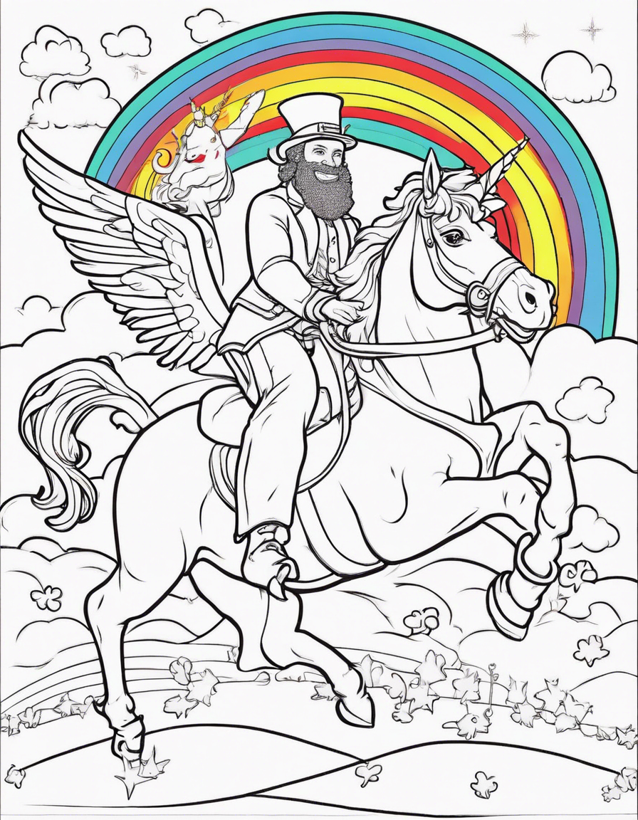 A line drawing of a leprechaun riding on a unicorn with a rainbow in the background, all elements outlined clearly for coloring coloring page