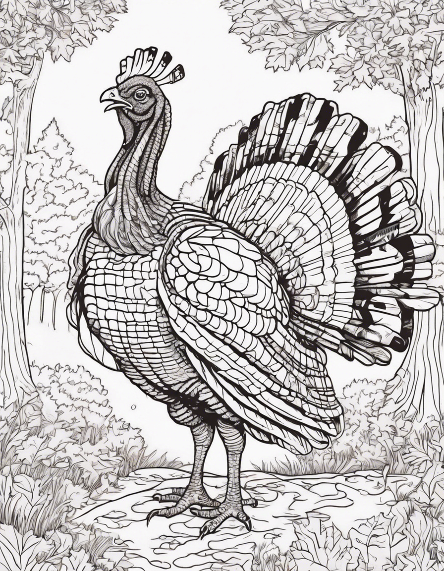 A proud and majestic black and white line art illustration of a turkey strutting through a colorful autumn forest. The turkey is shown with a regal and confident expression, its plumage on full display. The forest is ablaze with the vibrant hues of fall, with trees adorned in shades of red, orange, and yellow, and a carpet of fallen leaves underfoot. The line art is suitable for coloring, with majestic and vibrant details that invite colorists to add their own sense of grandeur and seasonal beauty to the image. This coloring page captures the proud and distinctive nature of turkeys, while also celebrating the splendor of an autumn forest, and invites colorists to join in on this festive and breathtaking scene." coloring page