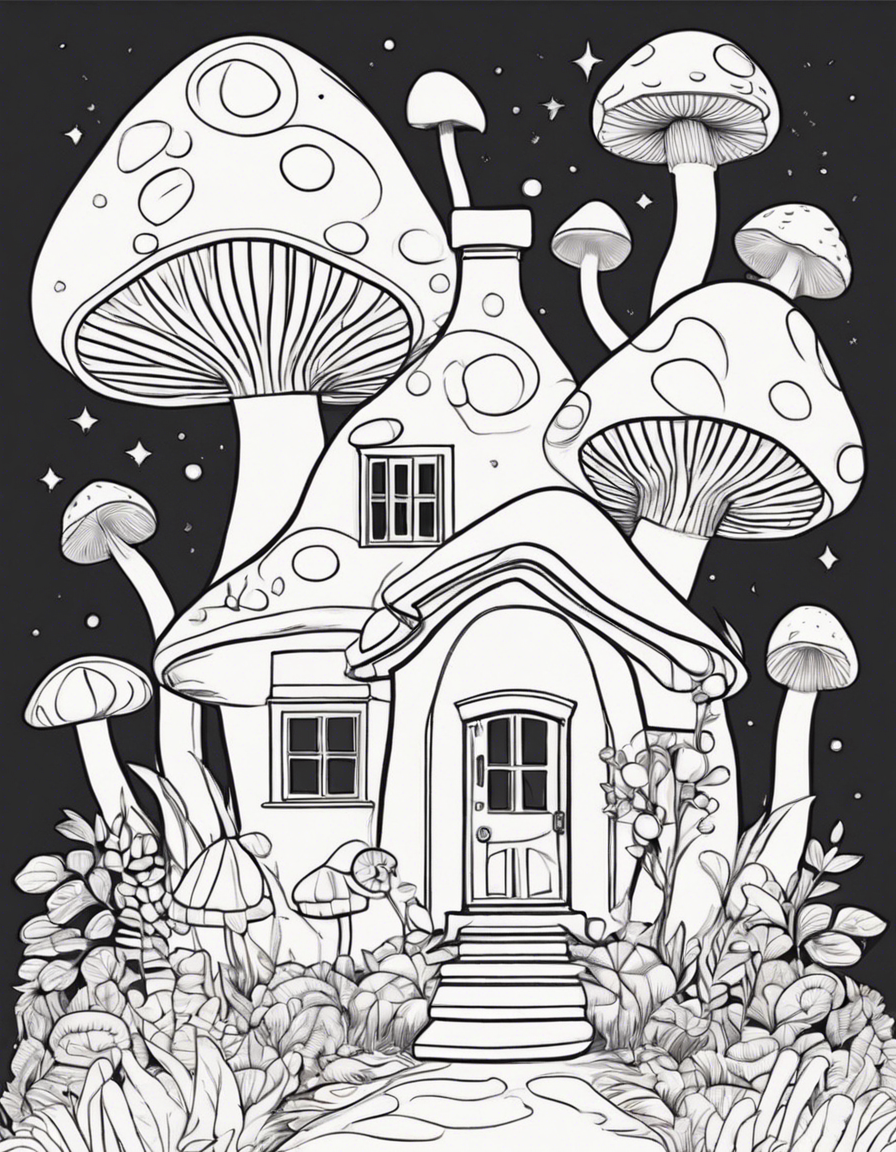 mushroom shaped house, cute coloring page