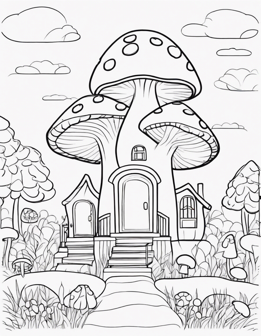 mushroom shaped house, cute coloring page