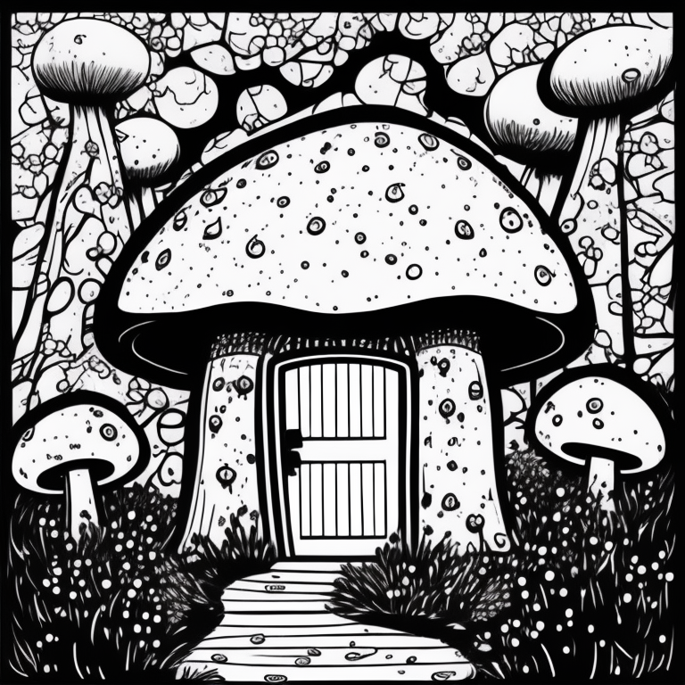 mushroom shaped house, cute coloring page