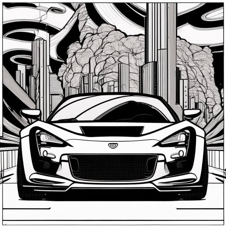 Create an image of an exciting and sleek sports car that will occupy most of the page. The car should be futuristic and aerodynamic, with smooth curves and attractive lines. Make sure the car's details are sharp and well-defined, including the headlights, front grille, and wheels. Leave enough space for artists to add colors to the car's details.