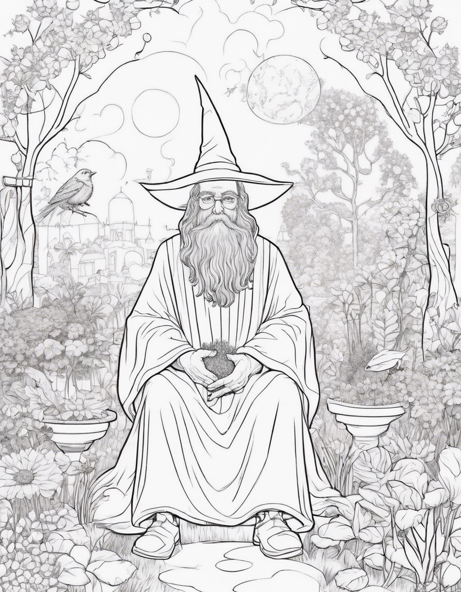 Wizard sitting in a garden with pixies coloring page