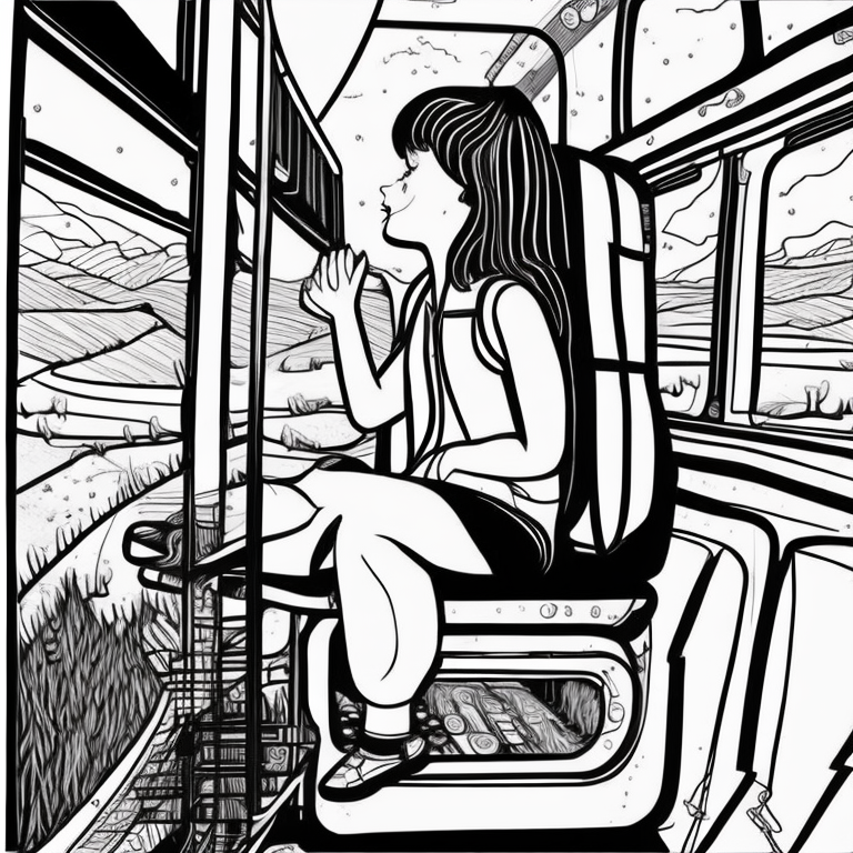 girl sitting on a bus with her backpack on her legs, looking out the window while the landscape changes and moves around her.