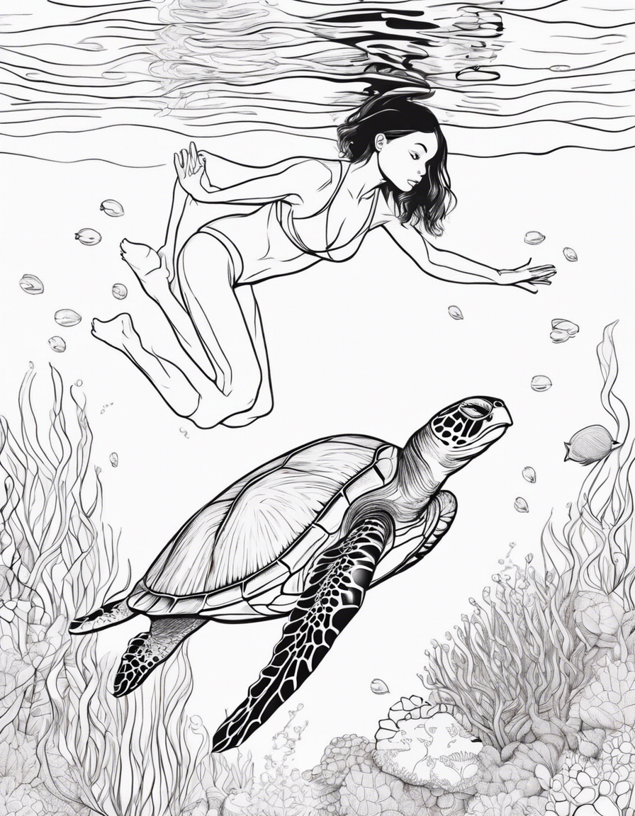 Young girl swimming with a sea turtle  coloring page