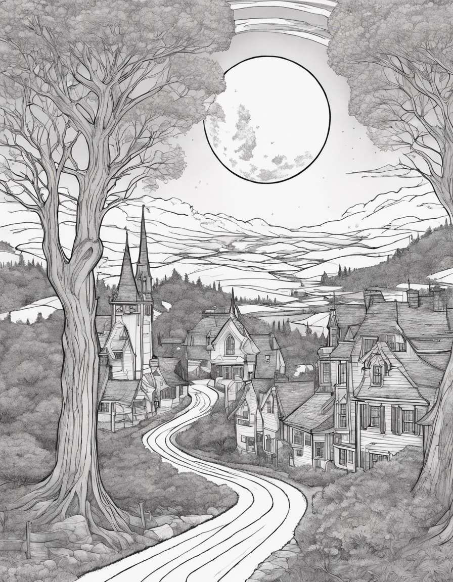 The cover art depicts the enchanting town of Eldridge, bathed in the soft glow of the moonlit night. A winding road, flanked by ancient trees, leads the viewer's gaze toward the center of the composition. Hovering above the town is the ethereal silhouette of the black Cort, its sleek form emanating an otherworldly aura.The friends, united in their quest, stand at the forefront, their silhouettes subtly merging with the misty landscape. Each figure holds an enchanted charm, illuminated by a faint, magical glow. Julia, the archaeologist, stands with a sense of determination, clutching the ancient artifact that links them to the black Cort's origin.The sky is a canvas of celestial wonders, depicting the celestial alignments that foretold Eldridge's destiny. The climactic showdown between light and shadow is suggested by subtle details—spectral landscapes merging with the town, and a celestial portal opening in the heavens.At the heart of the cover, the black Cort, now transformed into a statue, stands tall as a symbol of protection and resilience. Its surface shimmers with traces of the mystical energy that once intertwined with Eldridge. The guardian's ethereal presence hovers above the statue, expressing gratitude and wisdom.The color palette is a blend of moonlit blues, mystical purples, and warm, golden hues, creating a captivating and dreamlike atmosphere. The title, "Eldridge's Embrace," is elegantly embossed, adorned with subtle, magical motifs that mirror the town's newfound tranquility.Overall, the cover is a visual tapestry that captures the essence of the story—a tale of friendship, courage, and the enduring magic that thrives in the face of the extraordinary.   And also write the title : THE BLACK CORT  coloring page