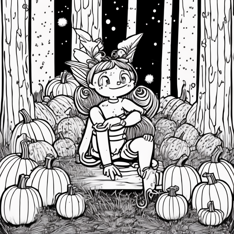 Fairy sitting in a forest with pumpkins  coloring page