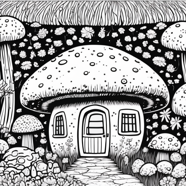 mushroom shaped house, cute coloring page