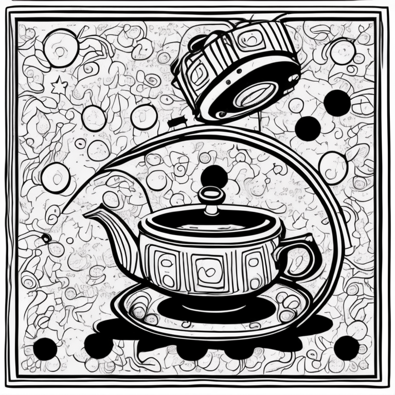 cute dancing teapot and plates on side coloring page