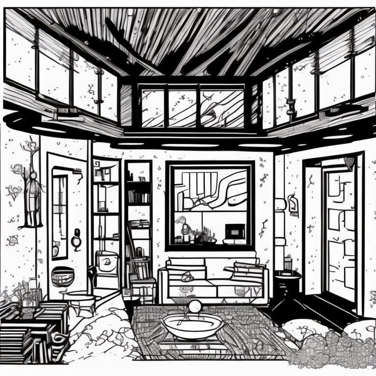 home interior from sketch to image transition drawing coloring page