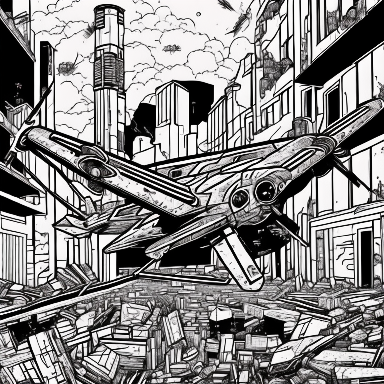 a combat drone flying through an abandoned city coloring page