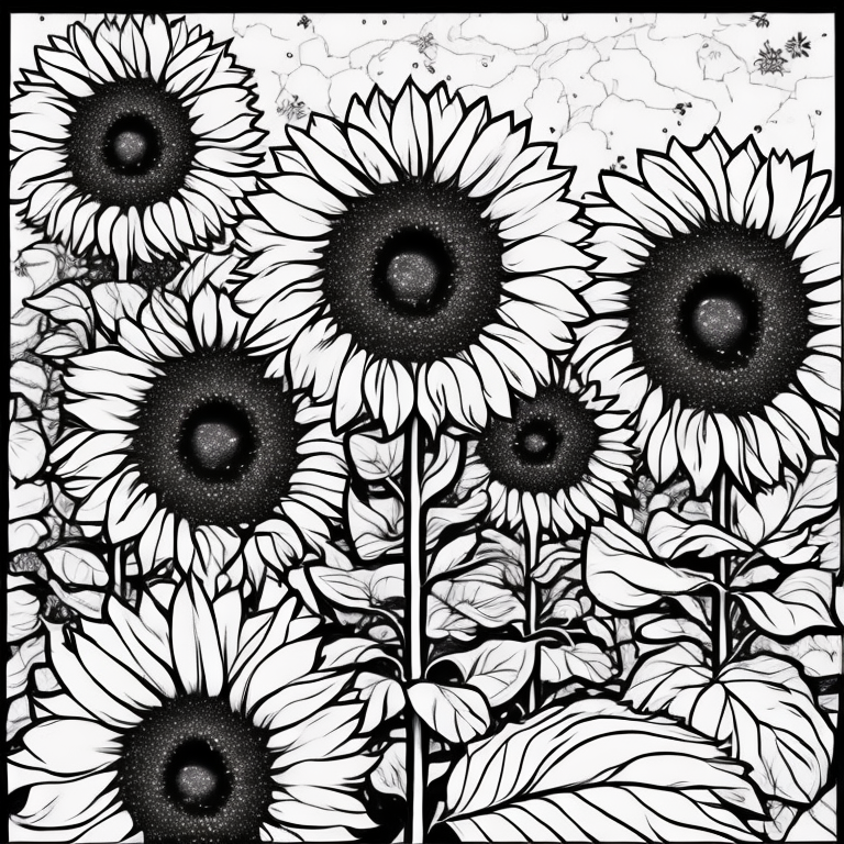 Sunflowers in a cute garden coloring page