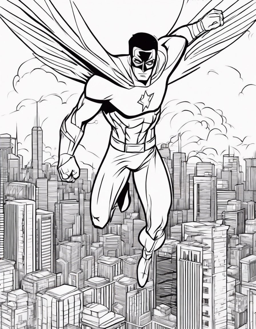 cartoon superhero flying over a city coloring page