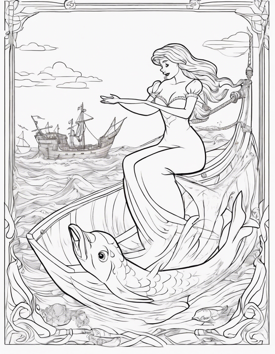 The Little Mermaid rescuing the prince from a shipwreck coloring book coloring page