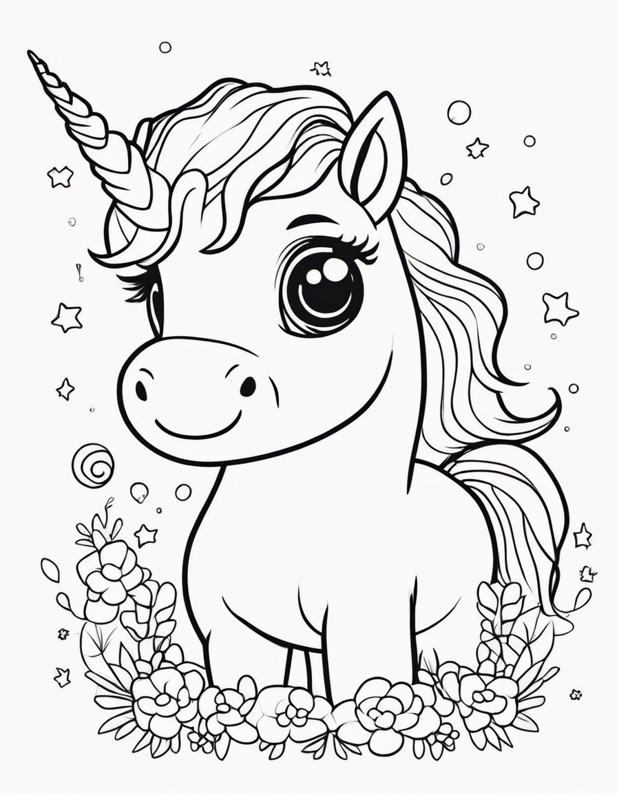 cute baby unicorn with big amazing adorable eyes happy cartoon coloring page