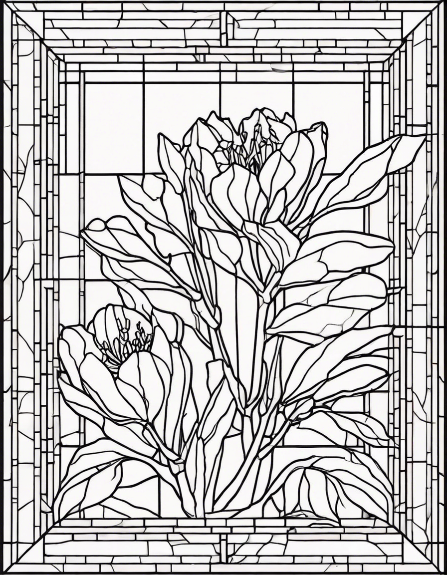 Square stained glass window with rhododendron coloring page