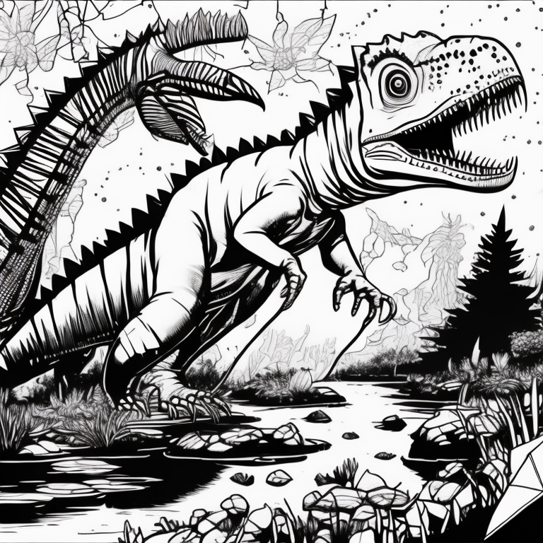 a dinosaur eating with a stream in the background