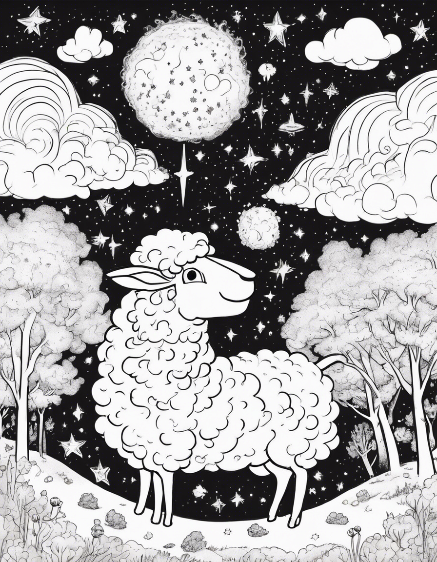 The adventurers nestle within a glowing nebula, its wispy clouds painted in every color imaginable. Friendly cloud creatures made of star dust tickle their noses while fluffy nebula sheep with cosmic horns graze nearby. They sing lullabies made of starlight and watch shooting stars streak across the canvas of the void. coloring page