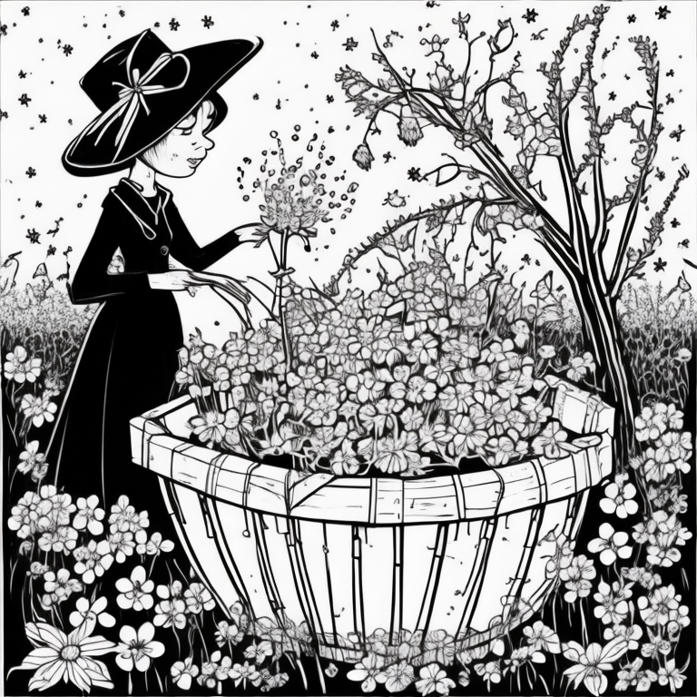 A young witch collecting flowers in a basket