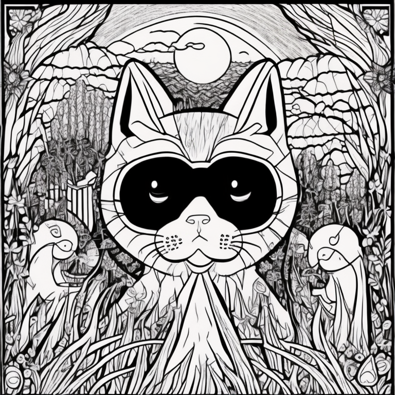 Design an adult coloring page illustrating the shadow cat's presence during a tranquil moonlit ceremony. Depict lanterns gently floating on a serene lake, casting a soft reflection. Convey the essence of ancestral spirits guided by lantern light. Design the scene with intricate details, excluding extra shading or colors for an immersive hand-coloring experience.