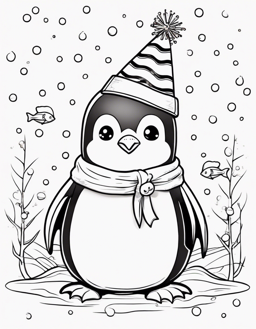 Happy kawaii penguin: With a party hat on, a fish in his hand, and small icicles as accessories on the belly. coloring page