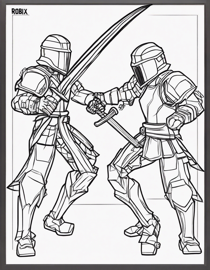 colouring page of 2 roblox characters fighting eachother with swords coloring page