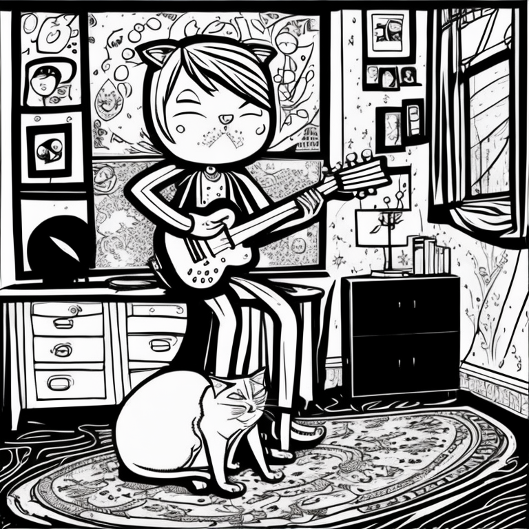 Taylor Swift in her bedroom with a guitar and a cat sitting next to her