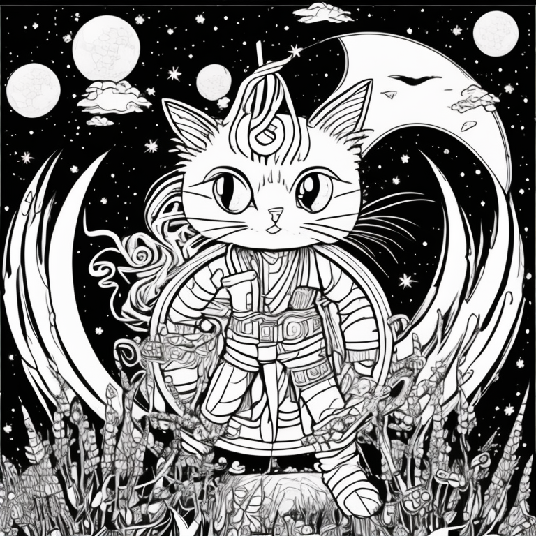 Design an adult coloring page portraying the shadow cat encountering an ancient magical portal materializing under the moonlight. The portal emits an ethereal glow, revealing a passage to an unknown and mysterious realm. Frase na página: "At the threshold of mystery, a portal opens." Prompt: "Illustrate the shadow cat before a magical portal in black and white, which has appeared under the moonlight. The portal should emit an ethereal glow, creating a mysterious and intriguing atmosphere. The scene should arouse curiosity about the unfamiliar realm that unfolds beyond the portal. The image should be rich in details, without additional shadows or colors, allowing readers to express their creativity while hand-coloring and be drawn into the magic of the mysterious encounter.