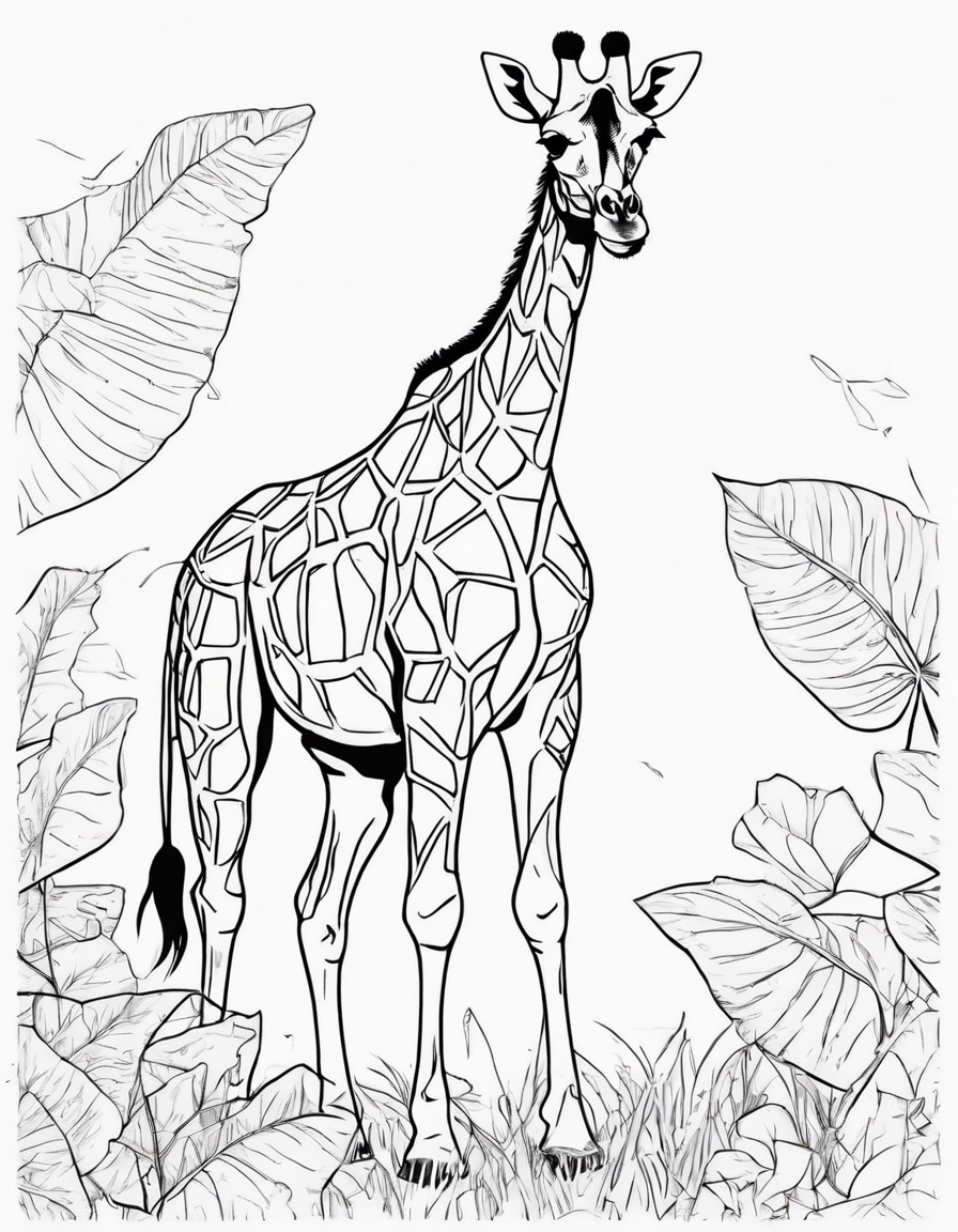 Giraffe eating a big leaf coloring page