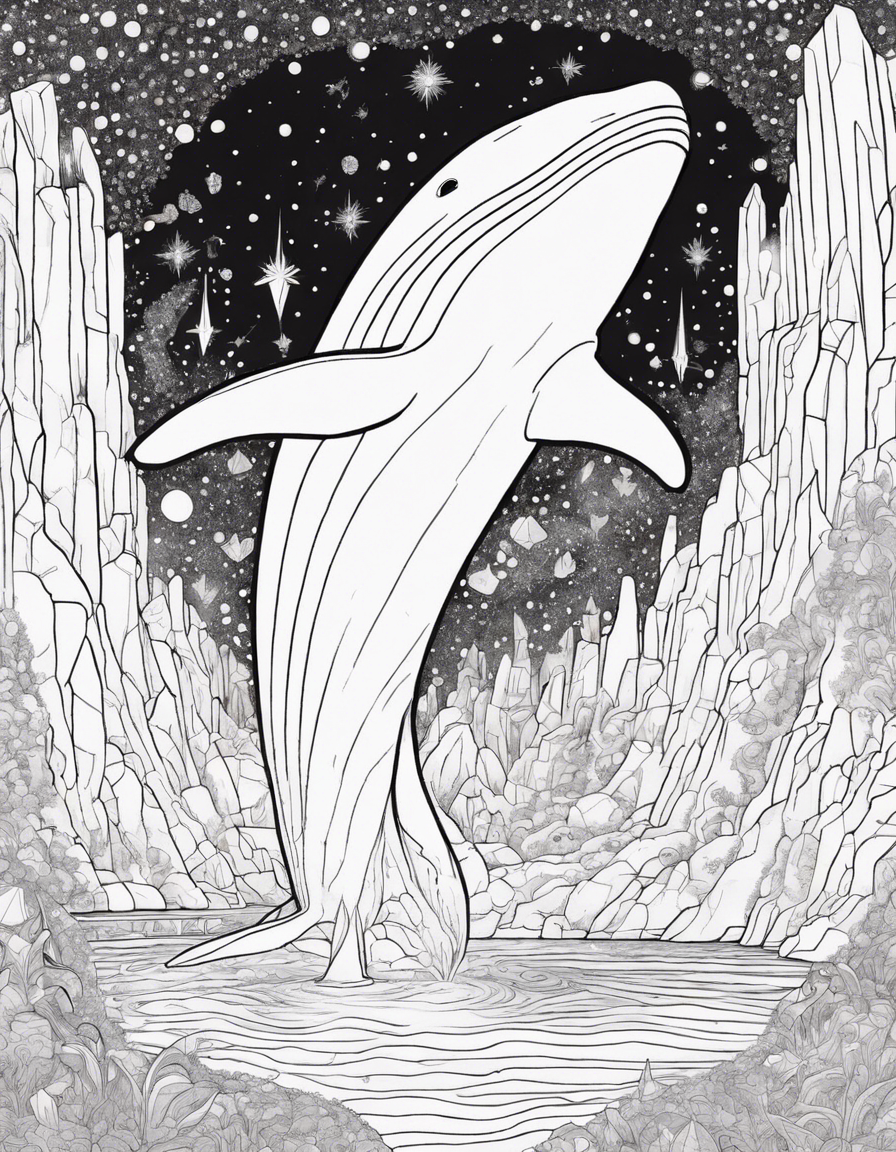 The whale rocket burrows into a glittering crystal cavern on a hidden asteroid. Towering crystals in every color imaginable line the tunnels, reflecting rainbows and shooting stars. They encounter crystal creatures who grant wishes and play hide-and-seek amongst the sparkling formations. coloring page