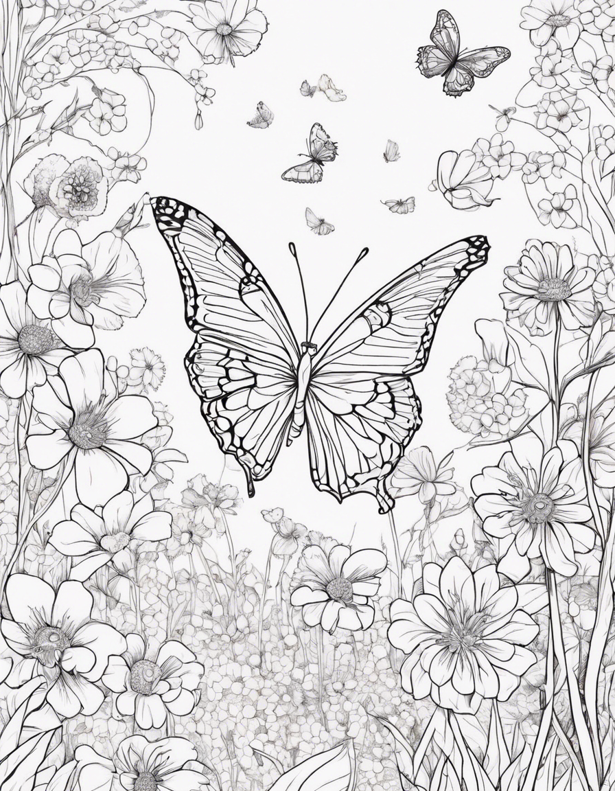 Create a whimsical illustration of a butterfly garden in full bloom coloring page