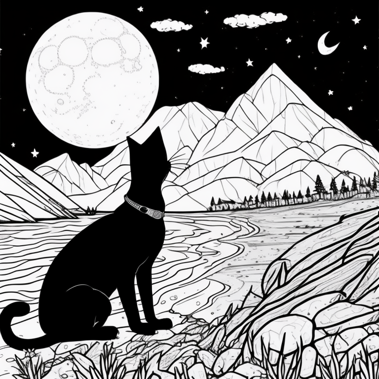 Design an adult coloring page featuring the shadow cat observing waves breaking on a moonlit beach. Utilize a continuous line drawing style with simple lines, suitable for easy coloring while maintaining a realistic look. Convey the tranquility of the nocturnal scene through minimalist details and a serene atmosphere. Present the image in black and white against a white background, aligning with the prevailing aesthetic trends found on platforms like ArtStation. Ensure a clear focus and intricate composition, offering colorists an immersive and meditative coloring experience.