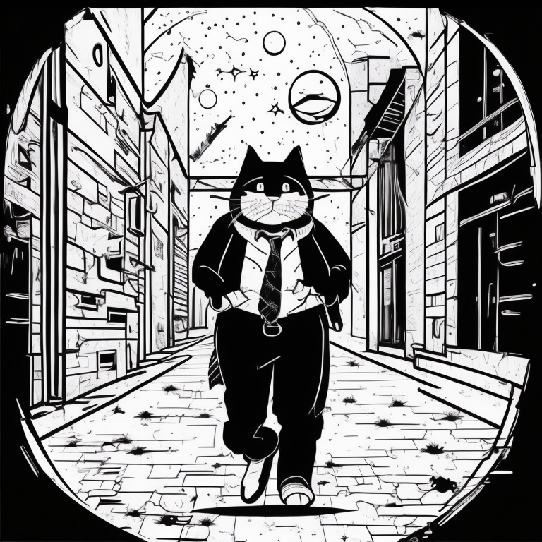 um gato caminhando em uma rua a noite, desenho com estilo realista coloring page