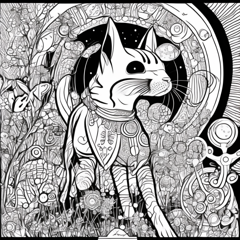 Design an adult coloring page featuring the shadow cat in the presence of a celestial oracle, draped in celestial robes and surrounded by arcane symbols. Utilize a continuous line drawing style with simple lines, crafted for easy coloring while maintaining a realistic essence. Convey an aura of cosmic guidance and profound wisdom through minimalist intricacies and a tranquil atmosphere. Display the image in black and white against a white background, aligning with the prevailing aesthetic inclinations observed on platforms like ArtStation. Ensure a clear focus and intricate composition, providing colorists an immersive and spiritually enlightening coloring experience.