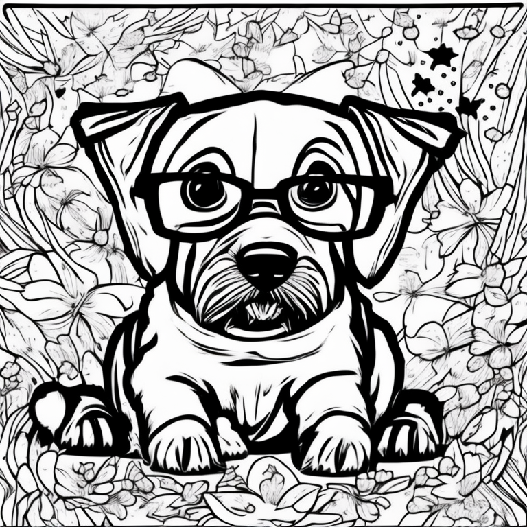 cute smiling little dog playing with butterflies, thin line illustration