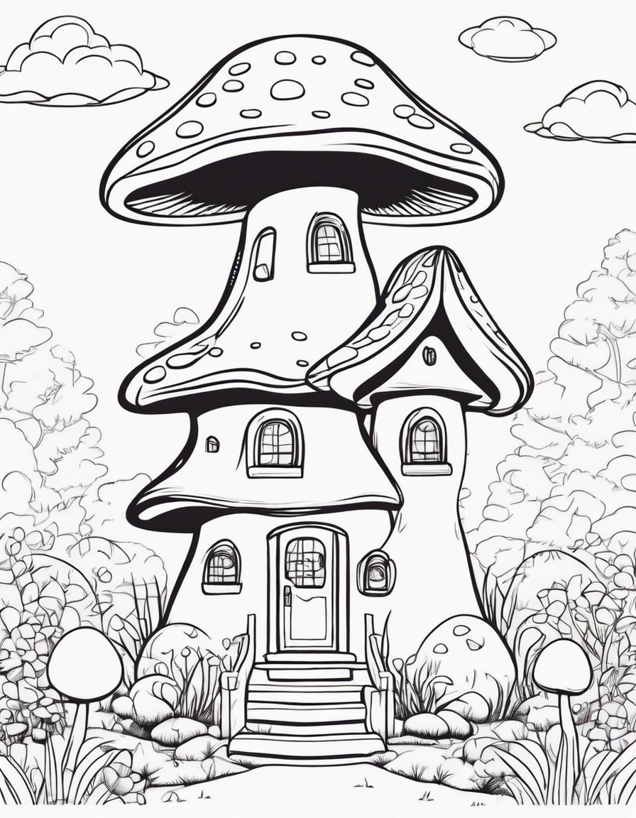 mushroom shaped house, cute coloring page