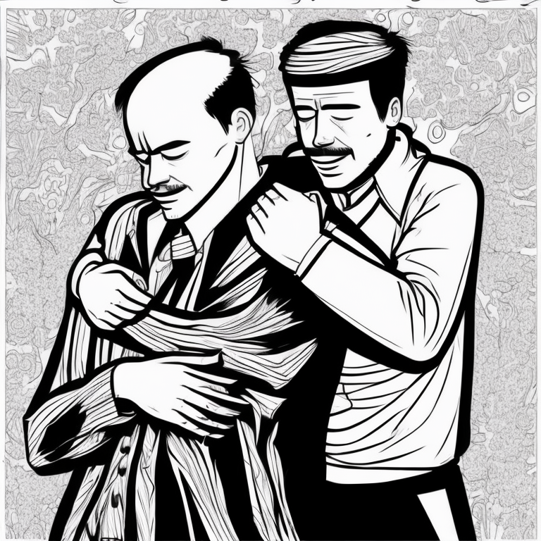 Two man hugging each other while crying coloring page