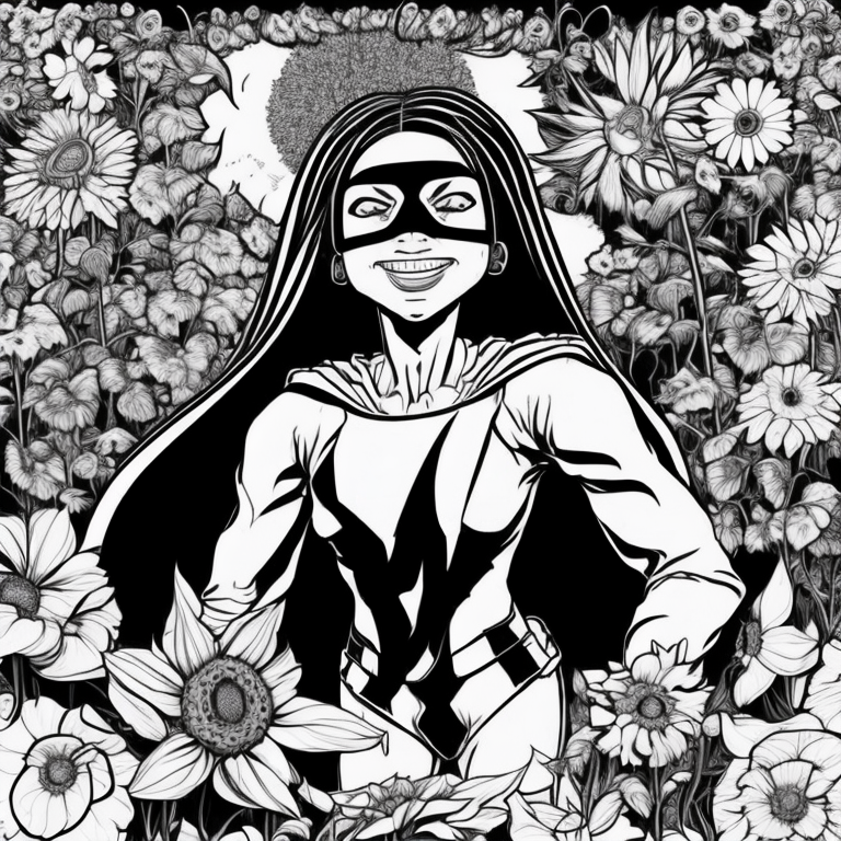 African American girl superhero in a sunflower garden


 coloring page