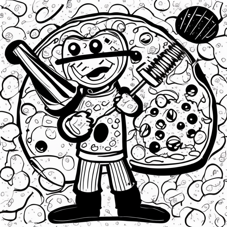 Pepperoni pizza slice with arms and  with happy smile,  holding a rolling pin and a whisk