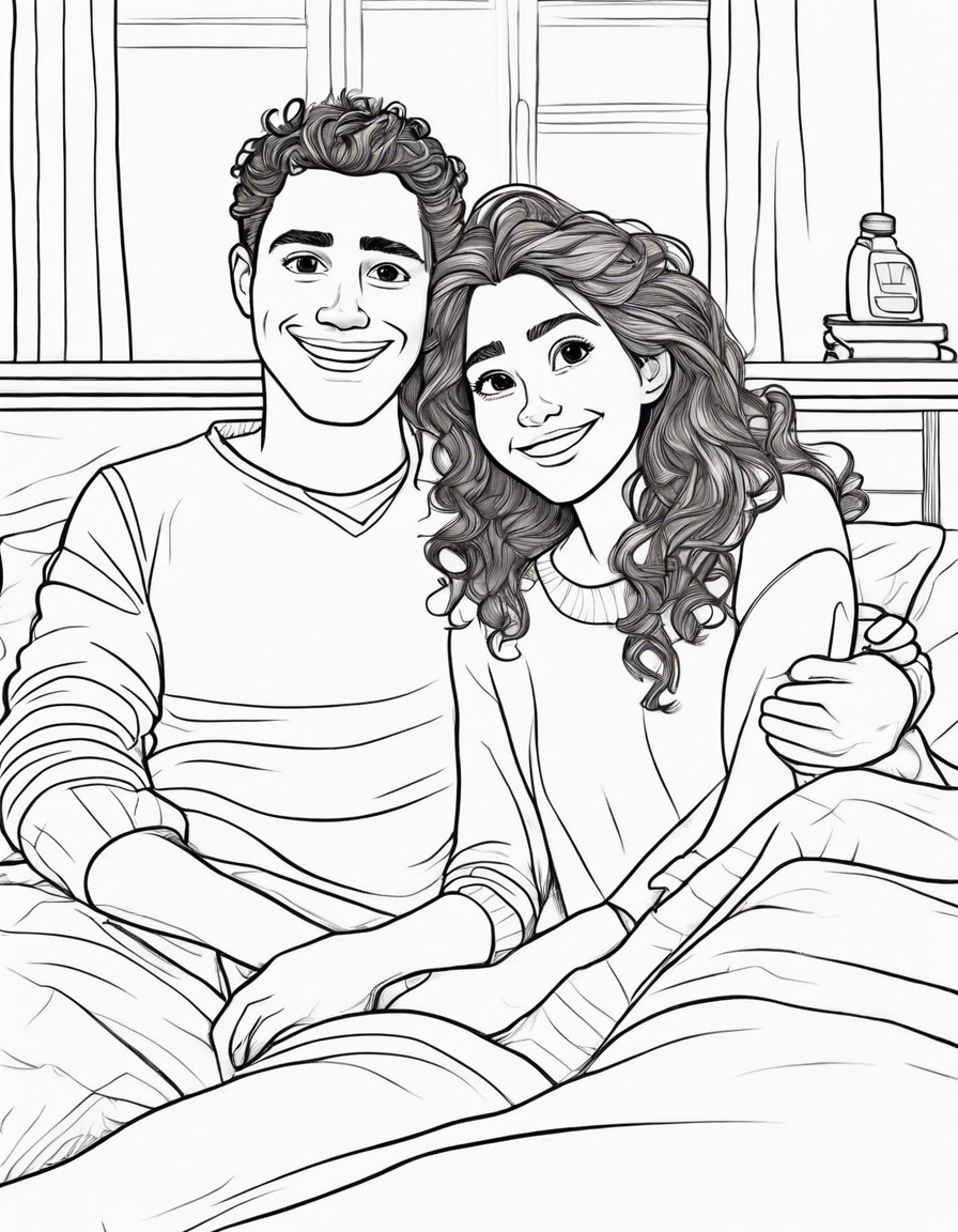 Disney pixar movie about a selfie of a couple on their bed, a boy with curly brown hair, brown eyes, a beautiful smile and a long-sleeved plain sweater with his arm around a girl with medium long wavy dark brown hair, brown eyes, a sweet smile and a long sleeve plain sweater  coloring page