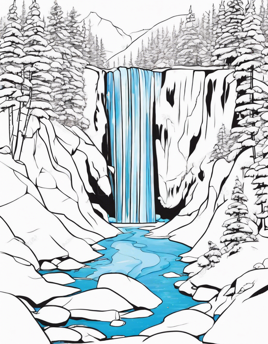 Create a coloring page of a winter landscape with a frozen waterfall, icicles hanging from the rocks, and shimmering blue ice. coloring page