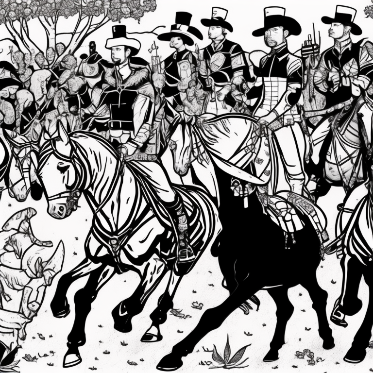 Elegant Equestrian Gathering: A manicured equestrian event with riders in tailored riding habits showcasing their prized horses. The horses wear intricately designed saddles and bridles as they parade in front of an appreciative crowd. coloring page