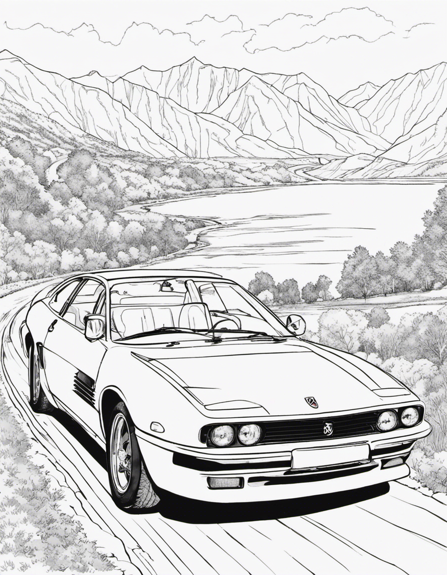 only lines, coloring book, no color drawing of a car Ferrari 360 Modena (1999)  On a the image side by side in a country road landscape with stunning views and the soothing sound of a river running alongside.showing the entire car diagonally  country road landscape coloring page