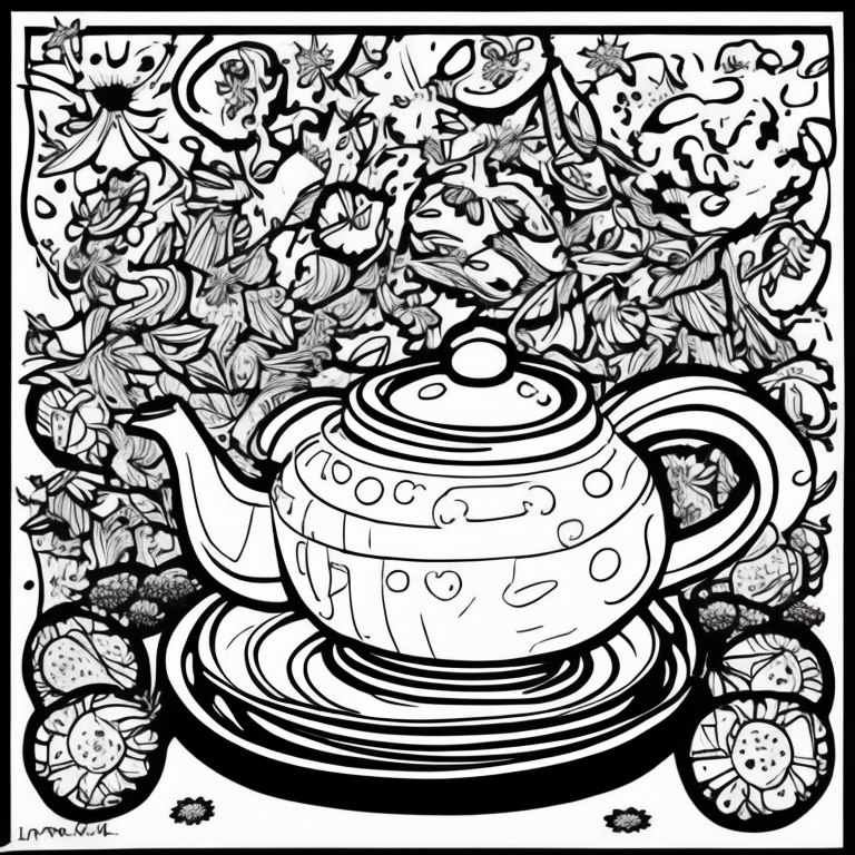 cute dancing teapot and plates on side coloring page