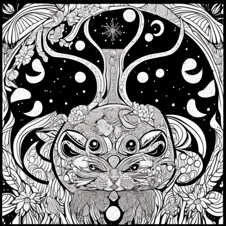 Design an adult coloring page portraying the shadow cat's final transformation into a celestial being, its form merging seamlessly with the cosmos. Utilize a continuous line drawing style with simple lines, maintaining a touch of realism while making it suitable for easy coloring. Convey the sense of transcendence and enlightenment through intricate details and a serene atmosphere. Present the image in black and white against a white background, aligning with the prevailing aesthetic trends seen on platforms like ArtStation. Ensure a clear focus and intricate composition, offering colorists a journey into the realm of the celestial feline with a touch of realism. coloring page